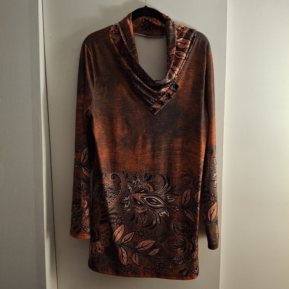 Lily Women's Brown Floral Paisley Cowl Neck Tunic